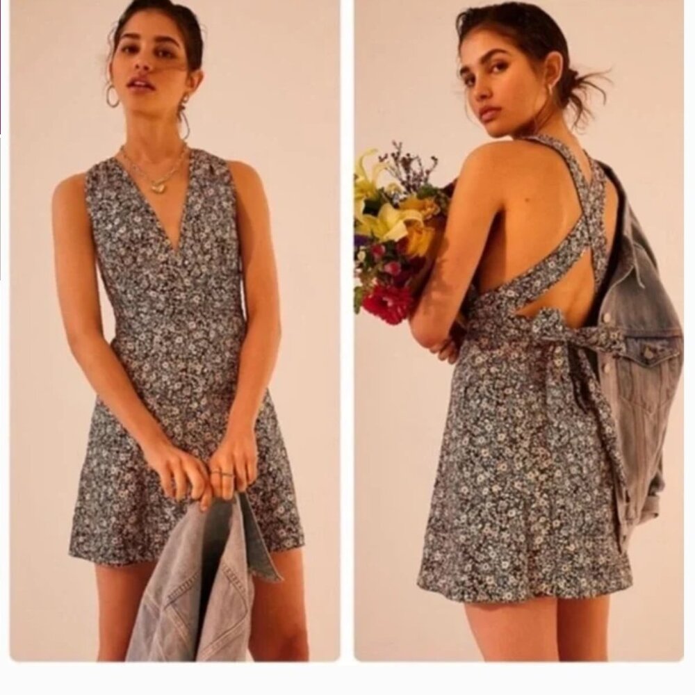Free People Womens 100% Cotton Dress 12 Black Floral Halter Mini Romantic Boho